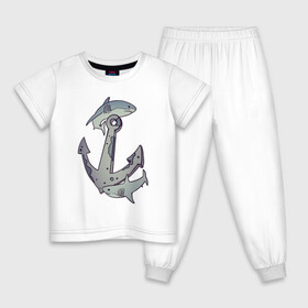 Детская пижама хлопок с принтом Sharks around the anchor в Екатеринбурге, 100% хлопок |  брюки и футболка прямого кроя, без карманов, на брюках мягкая резинка на поясе и по низу штанин
 | fish | sea | shark | акула | море | плавники | под водой | рыба | якорь