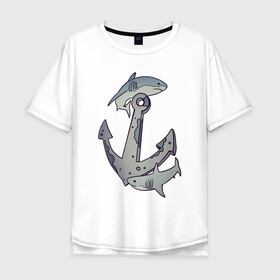 Мужская футболка хлопок Oversize с принтом Sharks around the anchor в Екатеринбурге, 100% хлопок | свободный крой, круглый ворот, “спинка” длиннее передней части | fish | sea | shark | акула | море | плавники | под водой | рыба | якорь