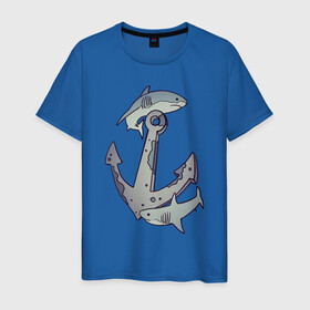 Мужская футболка хлопок с принтом Sharks around the anchor в Екатеринбурге, 100% хлопок | прямой крой, круглый вырез горловины, длина до линии бедер, слегка спущенное плечо. | fish | sea | shark | акула | море | плавники | под водой | рыба | якорь