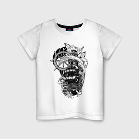 Детская футболка хлопок с принтом Пиратский корабль в Екатеринбурге, 100% хлопок | круглый вырез горловины, полуприлегающий силуэт, длина до линии бедер | captain | pirate | pirates | ship | skull | капитан | корабль | пират | череп | штурвал