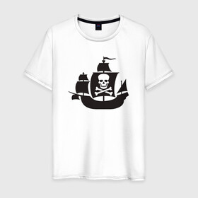 Мужская футболка хлопок с принтом Пиратский корабль в Екатеринбурге, 100% хлопок | прямой крой, круглый вырез горловины, длина до линии бедер, слегка спущенное плечо. | captain | pirate | pirates | ship | skull | капитан | корабль | пират | череп | штурвал