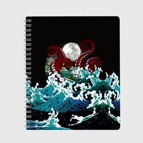Тетрадь с принтом Корабль на Волнах | Кракен в Екатеринбурге, 100% бумага | 48 листов, плотность листов — 60 г/м2, плотность картонной обложки — 250 г/м2. Листы скреплены сбоку удобной пружинной спиралью. Уголки страниц и обложки скругленные. Цвет линий — светло-серый
 | animal | beast | kraken | monster | moon | ocean | octopus | sea | ship | water | waves | вода | волны | животные | звери | корабль | кракен | луна | монстр | море | океан | осьминог | рыбы | щупальца