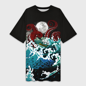 Платье-футболка 3D с принтом Корабль на Волнах | Кракен в Екатеринбурге,  |  | animal | beast | kraken | monster | moon | ocean | octopus | sea | ship | water | waves | вода | волны | животные | звери | корабль | кракен | луна | монстр | море | океан | осьминог | рыбы | щупальца