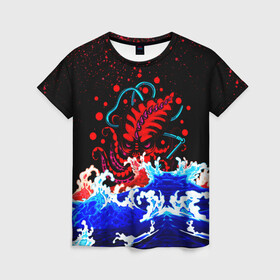 Женская футболка 3D с принтом Кровавый Кракен Монстр в Екатеринбурге, 100% полиэфир ( синтетическое хлопкоподобное полотно) | прямой крой, круглый вырез горловины, длина до линии бедер | animal | beast | blood | drops | kraken | monster | ocean | octopus | sea | water | waves | брызги | вода | волны | животные | звери | капли | кракен | кровь | монстр | море | океан | осьминог | рыбы | щупальца