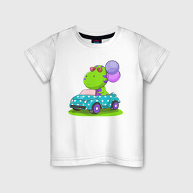 Детская футболка хлопок с принтом Динозаврик в машине в Екатеринбурге, 100% хлопок | круглый вырез горловины, полуприлегающий силуэт, длина до линии бедер | день рождения | детский | дино | динозаврик | машинка | праздник | шарики