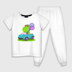 Детская пижама хлопок с принтом Динозаврик в машине в Екатеринбурге, 100% хлопок |  брюки и футболка прямого кроя, без карманов, на брюках мягкая резинка на поясе и по низу штанин
 | день рождения | детский | дино | динозаврик | машинка | праздник | шарики