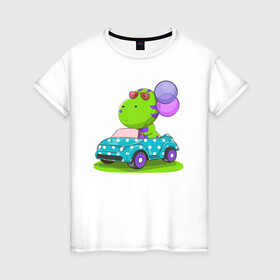Женская футболка хлопок с принтом Динозаврик в машине в Екатеринбурге, 100% хлопок | прямой крой, круглый вырез горловины, длина до линии бедер, слегка спущенное плечо | Тематика изображения на принте: день рождения | детский | дино | динозаврик | машинка | праздник | шарики