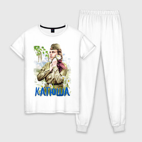 Женская пижама хлопок с принтом 9 мая Катюша в Екатеринбурге, 100% хлопок | брюки и футболка прямого кроя, без карманов, на брюках мягкая резинка на поясе и по низу штанин | 9 мая | девушка военной форме | девушка форме | день победы | катюша