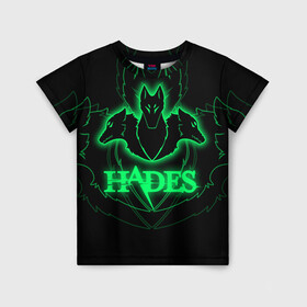 Детская футболка 3D с принтом Hades в Екатеринбурге, 100% гипоаллергенный полиэфир | прямой крой, круглый вырез горловины, длина до линии бедер, чуть спущенное плечо, ткань немного тянется | hades | roguelike | бесконечные круги ада | волки | зелёные | компьютерная игра | светящиеся | эмблема