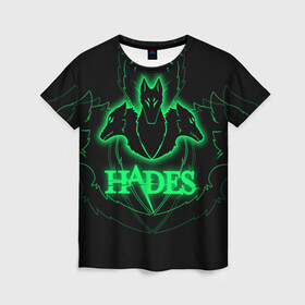Женская футболка 3D с принтом Hades в Екатеринбурге, 100% полиэфир ( синтетическое хлопкоподобное полотно) | прямой крой, круглый вырез горловины, длина до линии бедер | hades | roguelike | бесконечные круги ада | волки | зелёные | компьютерная игра | светящиеся | эмблема