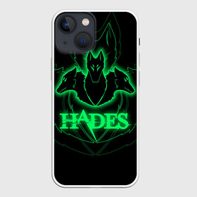 Чехол для iPhone 13 mini с принтом Hades в Екатеринбурге,  |  | hades | roguelike | бесконечные круги ада | волки | зелёные | компьютерная игра | светящиеся | эмблема