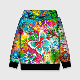 Детская толстовка 3D с принтом ЯРКИЕ КРАСКИ в Екатеринбурге, 100% полиэстер | двухслойный капюшон со шнурком для регулировки, мягкие манжеты на рукавах и по низу толстовки, спереди карман-кенгуру с мягким внутренним слоем | butterfly | color | flower | rainbow | summer | бабочки | брызги | краски | лето | радуга | цвета | цветы