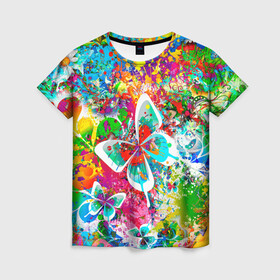 Женская футболка 3D с принтом ЯРКИЕ КРАСКИ в Екатеринбурге, 100% полиэфир ( синтетическое хлопкоподобное полотно) | прямой крой, круглый вырез горловины, длина до линии бедер | butterfly | color | flower | rainbow | summer | бабочки | брызги | краски | лето | радуга | цвета | цветы