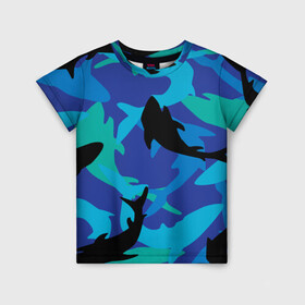 Детская футболка 3D с принтом Акулы паттерн в Екатеринбурге, 100% гипоаллергенный полиэфир | прямой крой, круглый вырез горловины, длина до линии бедер, чуть спущенное плечо, ткань немного тянется | shark | акула | акулы | жители | клыки | море | морские | океан | рыба