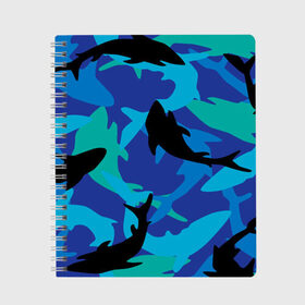 Тетрадь с принтом Акулы паттерн в Екатеринбурге, 100% бумага | 48 листов, плотность листов — 60 г/м2, плотность картонной обложки — 250 г/м2. Листы скреплены сбоку удобной пружинной спиралью. Уголки страниц и обложки скругленные. Цвет линий — светло-серый
 | shark | акула | акулы | жители | клыки | море | морские | океан | рыба