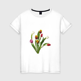 Женская футболка хлопок с принтом Букет разноцветных тюльпанов в Екатеринбурге, 100% хлопок | прямой крой, круглый вырез горловины, длина до линии бедер, слегка спущенное плечо | букет | иллюстрации | лето | популярные | тренды | тюльпаны | цветы