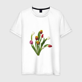 Мужская футболка хлопок с принтом Букет разноцветных тюльпанов в Екатеринбурге, 100% хлопок | прямой крой, круглый вырез горловины, длина до линии бедер, слегка спущенное плечо. | букет | иллюстрации | лето | популярные | тренды | тюльпаны | цветы