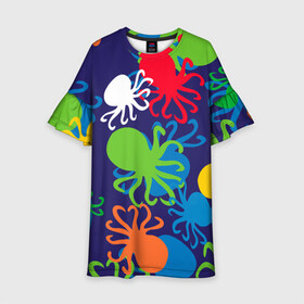 Детское платье 3D с принтом Осьминоги в Екатеринбурге, 100% полиэстер | прямой силуэт, чуть расширенный к низу. Круглая горловина, на рукавах — воланы | Тематика изображения на принте: cute | octopus | милый | морское | осьминог | осьминожка | паттерн | тентакли | щупальца