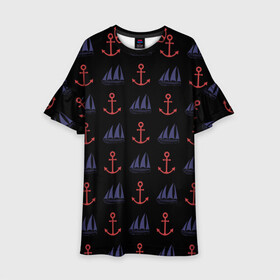 Детское платье 3D с принтом Корабли и якоря в Екатеринбурге, 100% полиэстер | прямой силуэт, чуть расширенный к низу. Круглая горловина, на рукавах — воланы | Тематика изображения на принте: anchor | корабли | корабль | море | морские | океан | паруса | паттерн | шварт | якори | якорь