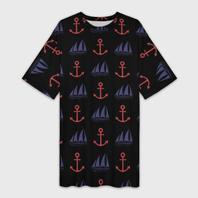 Платье-футболка 3D с принтом Корабли и якоря в Екатеринбурге,  |  | anchor | корабли | корабль | море | морские | океан | паруса | паттерн | шварт | якори | якорь
