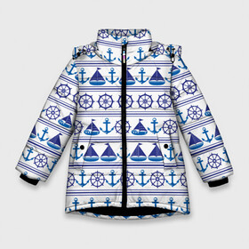 Зимняя куртка для девочек 3D с принтом Морские мотивы в Екатеринбурге, ткань верха — 100% полиэстер; подклад — 100% полиэстер, утеплитель — 100% полиэстер. | длина ниже бедра, удлиненная спинка, воротник стойка и отстегивающийся капюшон. Есть боковые карманы с листочкой на кнопках, утяжки по низу изделия и внутренний карман на молнии. 

Предусмотрены светоотражающий принт на спинке, радужный светоотражающий элемент на пуллере молнии и на резинке для утяжки. | ships | корабли | кораблики | море | морские | морское | руль | штурвал | якорь