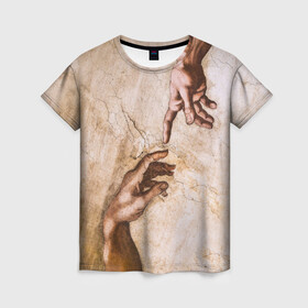 Женская футболка 3D с принтом Микеланджело сотворение Адама в Екатеринбурге, 100% полиэфир ( синтетическое хлопкоподобное полотно) | прямой крой, круглый вырез горловины, длина до линии бедер | адам | бог | картина | картина микеланджело | микеланджело | микелянджело | рука адама | рука бога | скульптор | скульптор микеланджело | сотворение адама
