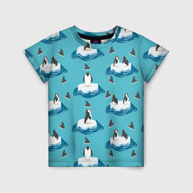 Детская футболка 3D с принтом Пингвины в Екатеринбурге, 100% гипоаллергенный полиэфир | прямой крой, круглый вырез горловины, длина до линии бедер, чуть спущенное плечо, ткань немного тянется | море | морские | океан | пингвин | пингвинчик | пингвины | плавники акул