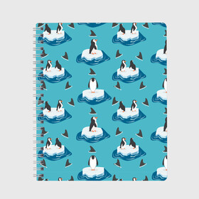 Тетрадь с принтом Пингвины в Екатеринбурге, 100% бумага | 48 листов, плотность листов — 60 г/м2, плотность картонной обложки — 250 г/м2. Листы скреплены сбоку удобной пружинной спиралью. Уголки страниц и обложки скругленные. Цвет линий — светло-серый
 | море | морские | океан | пингвин | пингвинчик | пингвины | плавники акул
