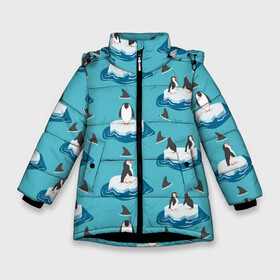 Зимняя куртка для девочек 3D с принтом Пингвины в Екатеринбурге, ткань верха — 100% полиэстер; подклад — 100% полиэстер, утеплитель — 100% полиэстер. | длина ниже бедра, удлиненная спинка, воротник стойка и отстегивающийся капюшон. Есть боковые карманы с листочкой на кнопках, утяжки по низу изделия и внутренний карман на молнии. 

Предусмотрены светоотражающий принт на спинке, радужный светоотражающий элемент на пуллере молнии и на резинке для утяжки. | море | морские | океан | пингвин | пингвинчик | пингвины | плавники акул