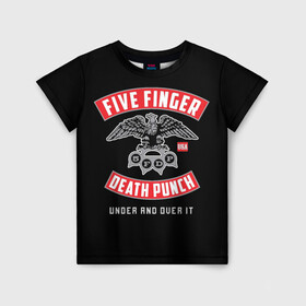 Детская футболка 3D с принтом Five Finger Death Punch (5FDP) в Екатеринбурге, 100% гипоаллергенный полиэфир | прямой крой, круглый вырез горловины, длина до линии бедер, чуть спущенное плечо, ткань немного тянется | Тематика изображения на принте: 5fdp | america | death | ffdp | finger | five | hard | metal | music | punch | rock | skull | states | united | usa | америка | метал | музыка | рок | сша | хард | череп