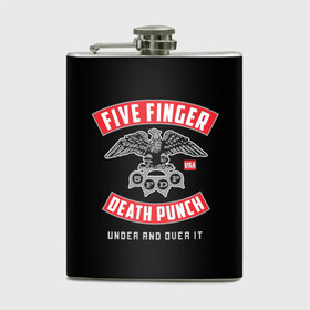Фляга с принтом Five Finger Death Punch (5FDP) в Екатеринбурге, металлический корпус | емкость 0,22 л, размер 125 х 94 мм. Виниловая наклейка запечатывается полностью | Тематика изображения на принте: 5fdp | america | death | ffdp | finger | five | hard | metal | music | punch | rock | skull | states | united | usa | америка | метал | музыка | рок | сша | хард | череп