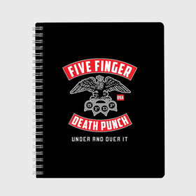 Тетрадь с принтом Five Finger Death Punch (5FDP) в Екатеринбурге, 100% бумага | 48 листов, плотность листов — 60 г/м2, плотность картонной обложки — 250 г/м2. Листы скреплены сбоку удобной пружинной спиралью. Уголки страниц и обложки скругленные. Цвет линий — светло-серый
 | Тематика изображения на принте: 5fdp | america | death | ffdp | finger | five | hard | metal | music | punch | rock | skull | states | united | usa | америка | метал | музыка | рок | сша | хард | череп