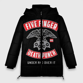 Женская зимняя куртка Oversize с принтом Five Finger Death Punch (5FDP) в Екатеринбурге, верх — 100% полиэстер; подкладка — 100% полиэстер; утеплитель — 100% полиэстер | длина ниже бедра, силуэт Оверсайз. Есть воротник-стойка, отстегивающийся капюшон и ветрозащитная планка. 

Боковые карманы с листочкой на кнопках и внутренний карман на молнии | 5fdp | america | death | ffdp | finger | five | hard | metal | music | punch | rock | skull | states | united | usa | америка | метал | музыка | рок | сша | хард | череп
