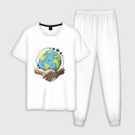 Мужская пижама хлопок с принтом Мир и Любовь в Екатеринбурге, 100% хлопок | брюки и футболка прямого кроя, без карманов, на брюках мягкая резинка на поясе и по низу штанин
 | love | peace | world | дружба | земля