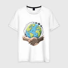 Мужская футболка хлопок с принтом Мир и Любовь в Екатеринбурге, 100% хлопок | прямой крой, круглый вырез горловины, длина до линии бедер, слегка спущенное плечо. | love | peace | world | дружба | земля