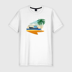 Мужская футболка хлопок Slim с принтом Яхта и пляж в Екатеринбурге, 92% хлопок, 8% лайкра | приталенный силуэт, круглый вырез ворота, длина до линии бедра, короткий рукав | Тематика изображения на принте: корабль | море | морское | пальма | пляж | судно | яхта | яхты