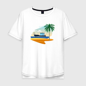 Мужская футболка хлопок Oversize с принтом Яхта и пляж в Екатеринбурге, 100% хлопок | свободный крой, круглый ворот, “спинка” длиннее передней части | Тематика изображения на принте: корабль | море | морское | пальма | пляж | судно | яхта | яхты