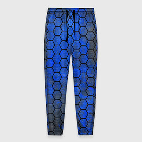 Мужские брюки 3D с принтом Синие Соты в Екатеринбурге, 100% полиэстер | манжеты по низу, эластичный пояс регулируется шнурком, по бокам два кармана без застежек, внутренняя часть кармана из мелкой сетки | hexagons | honeycombs | metal | соты | шестиугольники