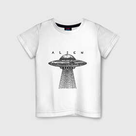 Детская футболка хлопок с принтом Alien в Екатеринбурге, 100% хлопок | круглый вырез горловины, полуприлегающий силуэт, длина до линии бедер | гравюра | графика | инопланетный корабль | космический корабль | космос | летающая тарелка | пришельцы | чёрно белый
