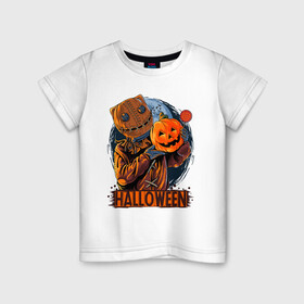 Детская футболка хлопок с принтом Пугающий Тони в Екатеринбурге, 100% хлопок | круглый вырез горловины, полуприлегающий силуэт, длина до линии бедер | halloween | конфети | леденец | ночь | полнолуние | пугало | тыква