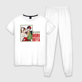 Женская пижама хлопок с принтом хоримия аниме в Екатеринбурге, 100% хлопок | брюки и футболка прямого кроя, без карманов, на брюках мягкая резинка на поясе и по низу штанин | anime | horimiya | kawaii | manga | shoujo | shoujomanga | аниме | манга | хоримия