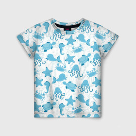 Детская футболка 3D с принтом Морские жители в Екатеринбурге, 100% гипоаллергенный полиэфир | прямой крой, круглый вырез горловины, длина до линии бедер, чуть спущенное плечо, ткань немного тянется | dolphin | дельфин | краб | море | морская звезда | морские | морской конек | осьминог | с дельфином | черепаха