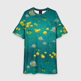 Детское платье 3D с принтом Подводный мир Рыбки в Екатеринбурге, 100% полиэстер | прямой силуэт, чуть расширенный к низу. Круглая горловина, на рукавах — воланы | fish | морские | морские рыбы | подводный мир | рыба | рыбки | рыбы