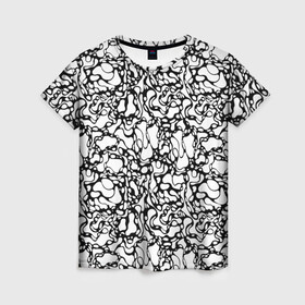 Женская футболка 3D с принтом Абстрактная жидкость в Екатеринбурге, 100% полиэфир ( синтетическое хлопкоподобное полотно) | прямой крой, круглый вырез горловины, длина до линии бедер | абстрактный | вода | геометрический | геометрия | дырки | жидкость | нейрографика | петли | плазма | пузыри | пятна | черно белый