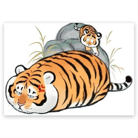 Поздравительная открытка с принтом Дикая семейка в Екатеринбурге, 100% бумага | плотность бумаги 280 г/м2, матовая, на обратной стороне линовка и место для марки
 | арт | бамбук | камень | камни | рисунок | семья больших котиков | семья котиков | тигр | тигрёнок | тигриная семейка | тигриная семья | тигры