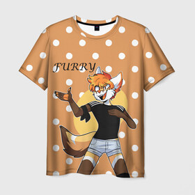 Мужская футболка 3D с принтом Furry fox guy в Екатеринбурге, 100% полиэфир | прямой крой, круглый вырез горловины, длина до линии бедер | Тематика изображения на принте: animal | anthro | covered in fur | fox | furry | fursuit | лис | покрытый мехом | фурри