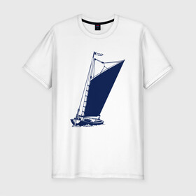 Мужская футболка хлопок Slim с принтом Парусная лодка синяя в Екатеринбурге, 92% хлопок, 8% лайкра | приталенный силуэт, круглый вырез ворота, длина до линии бедра, короткий рукав | sailboat | кораблик | корабль | лодка | парус | парусная лодка | тату | татуировка