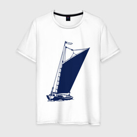 Мужская футболка хлопок с принтом Парусная лодка синяя в Екатеринбурге, 100% хлопок | прямой крой, круглый вырез горловины, длина до линии бедер, слегка спущенное плечо. | Тематика изображения на принте: sailboat | кораблик | корабль | лодка | парус | парусная лодка | тату | татуировка