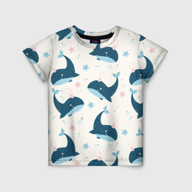 Детская футболка 3D с принтом Киты в Екатеринбурге, 100% гипоаллергенный полиэфир | прямой крой, круглый вырез горловины, длина до линии бедер, чуть спущенное плечо, ткань немного тянется | whale | белый кит | кит | киты | корабли | кораблики | маяк | морские | паттерн | синий кит | чайки