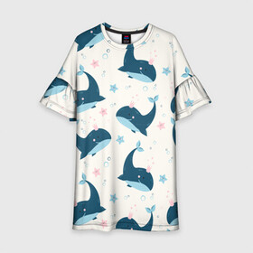 Детское платье 3D с принтом Киты в Екатеринбурге, 100% полиэстер | прямой силуэт, чуть расширенный к низу. Круглая горловина, на рукавах — воланы | Тематика изображения на принте: whale | белый кит | кит | киты | корабли | кораблики | маяк | морские | паттерн | синий кит | чайки